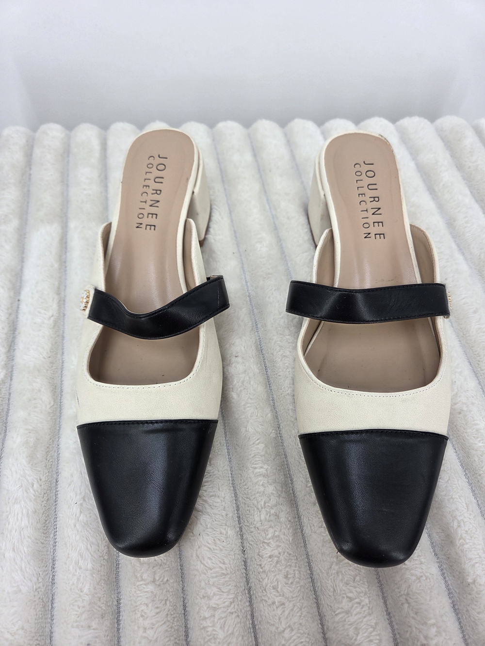 Journee Collection Black and Cream Mary Jane Block Heel Mules
